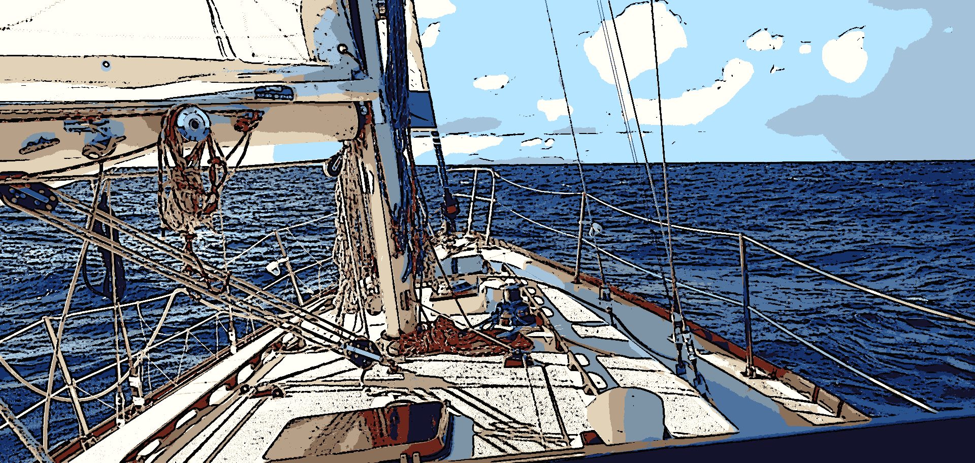 A Tartan 37 under sail on passage, seen from the companionway